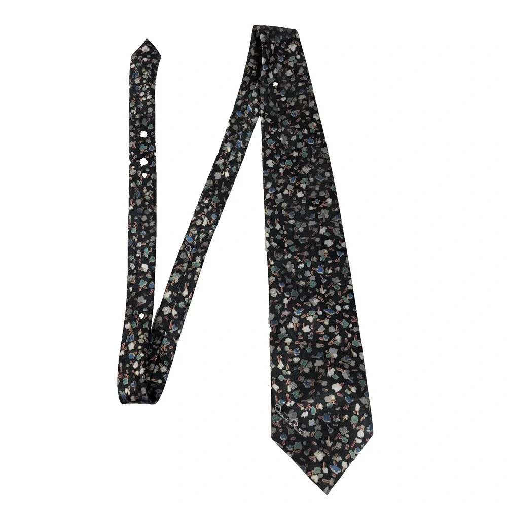Vintage Oscar de la Renta Studio Tie Black Multicolor Geometric Print USA Retro